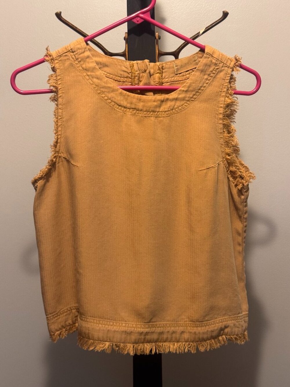 Altar’d State Tan Camel Sleeveless Top Fringe Hem Button Back Boho
